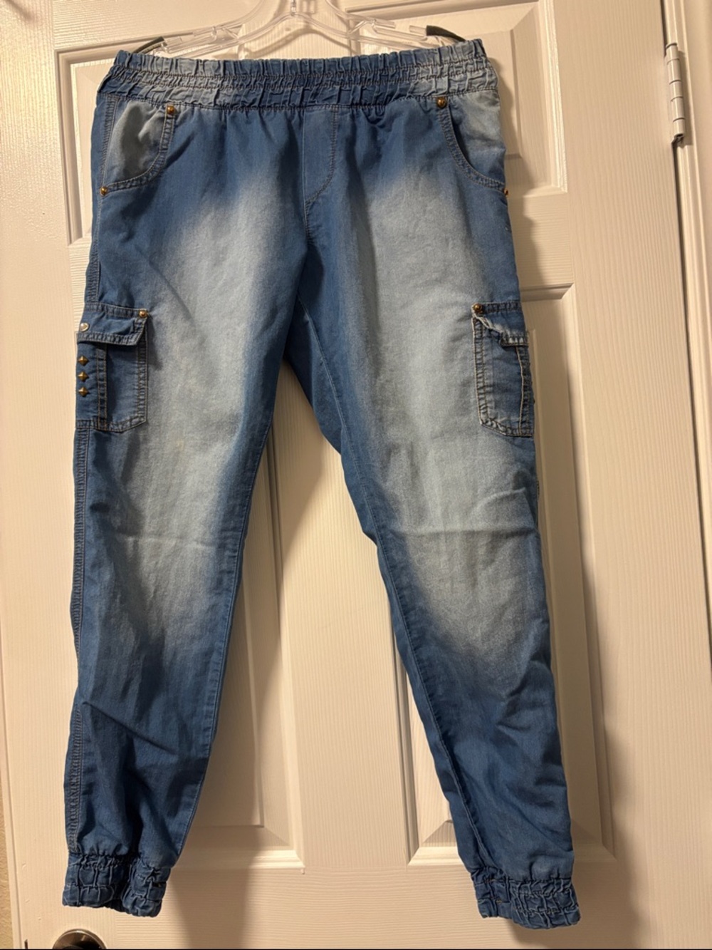 Light Blue Denim Cargo Joggers - Women's Casual Pants